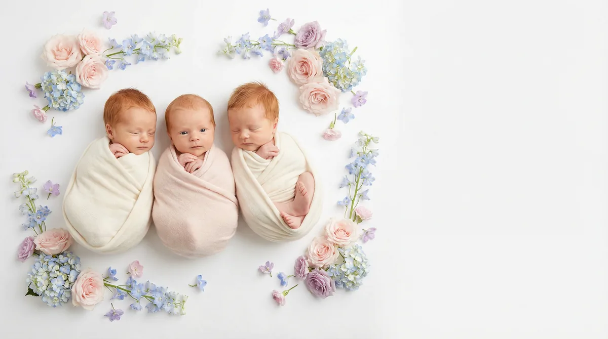 Redhead babies in fashion photoshoot with redhead three babies pastels