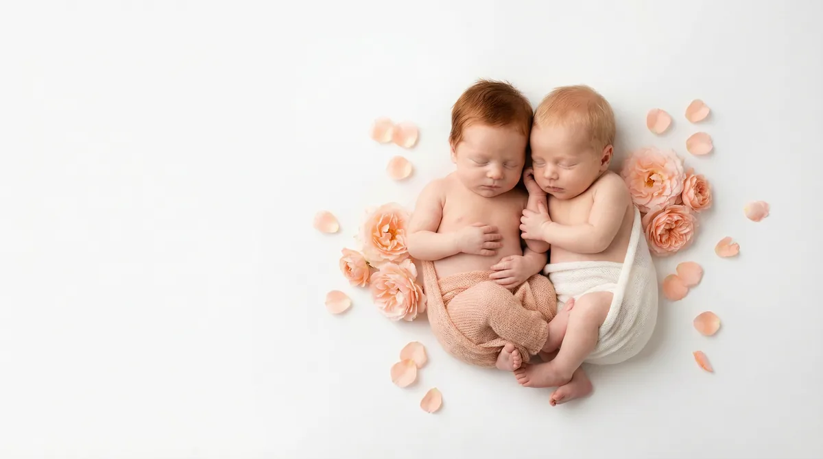 Redhead babies in fashion photoshoot with redhead two babies coral flowers