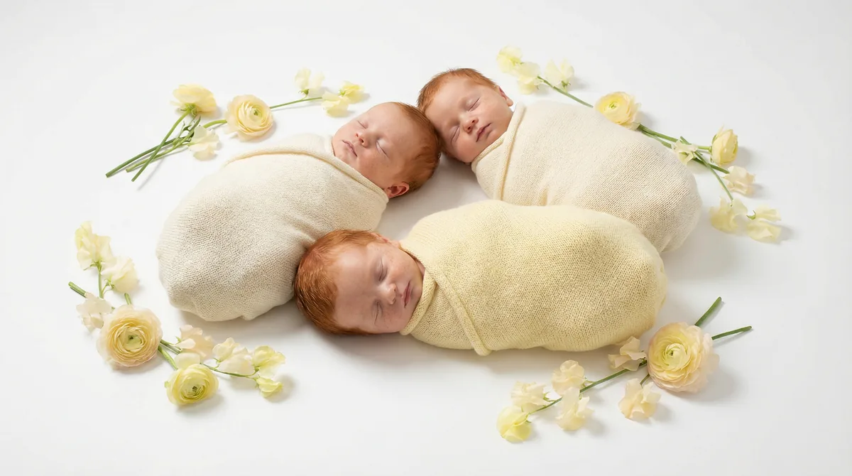Redhead babies in fashion photoshoot with redhead three babies yellow blooms