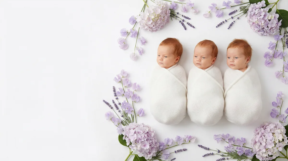 Redhead babies in fashion photoshoot with redhead three babies lilac flowers