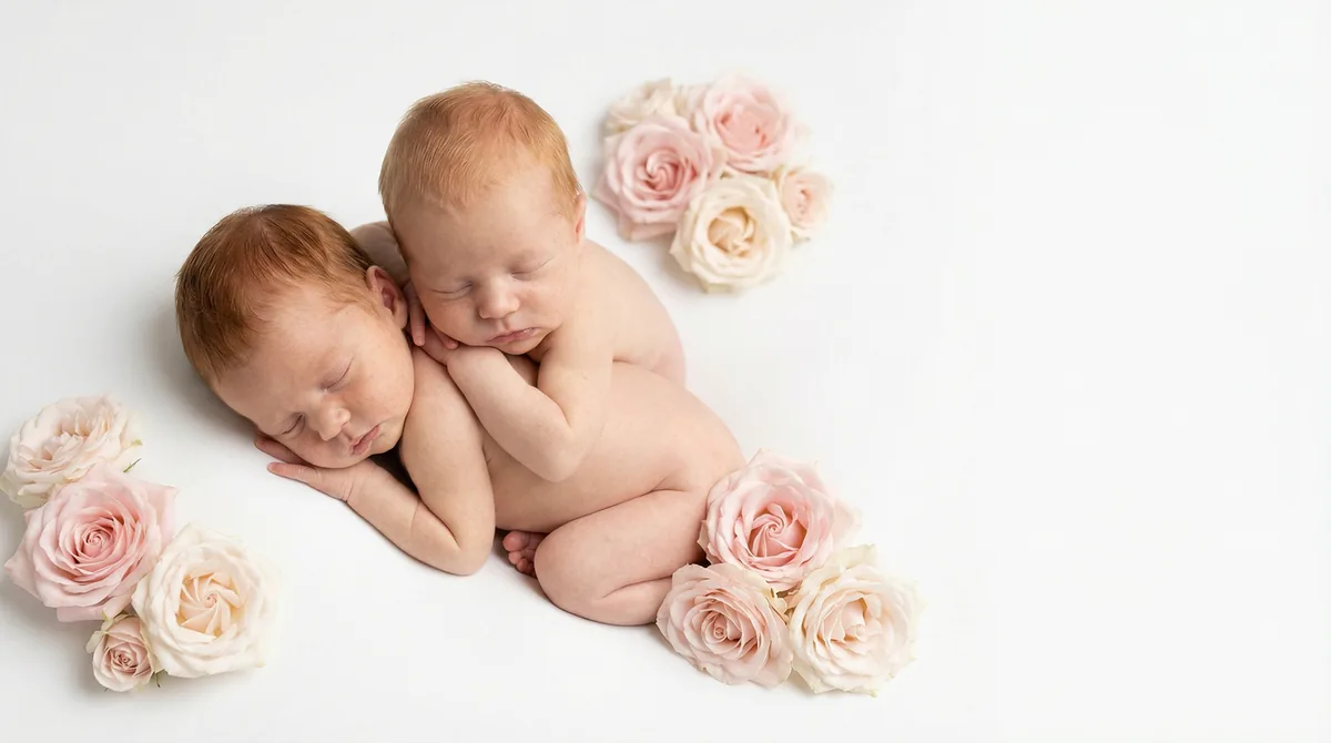 Redhead babies in fashion photoshoot with redhead two babies blush roses