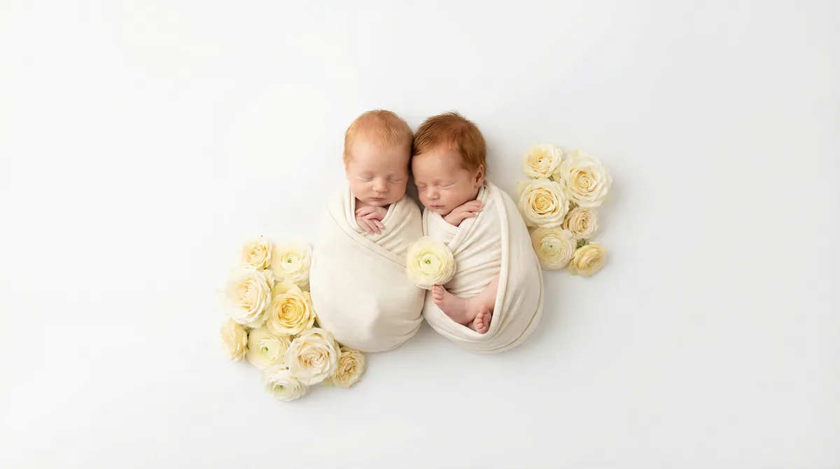 Redhead babies in fashion photoshoot with redhead two babies cream flowers