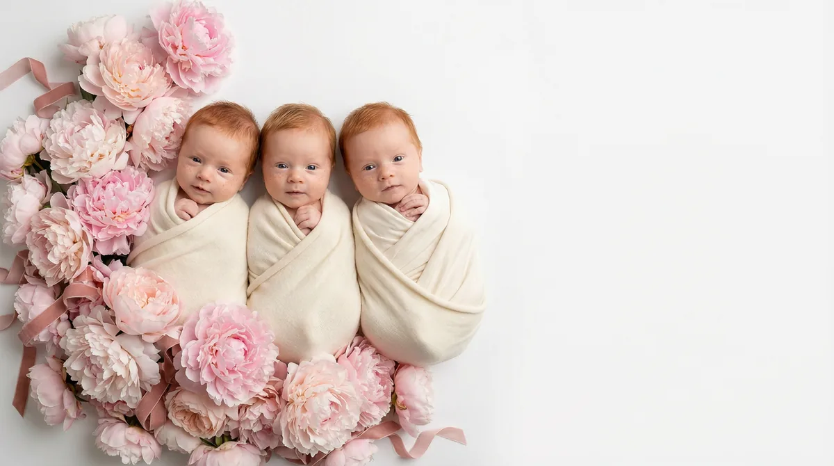 Redhead babies in fashion photoshoot with redhead three babies pink peonies