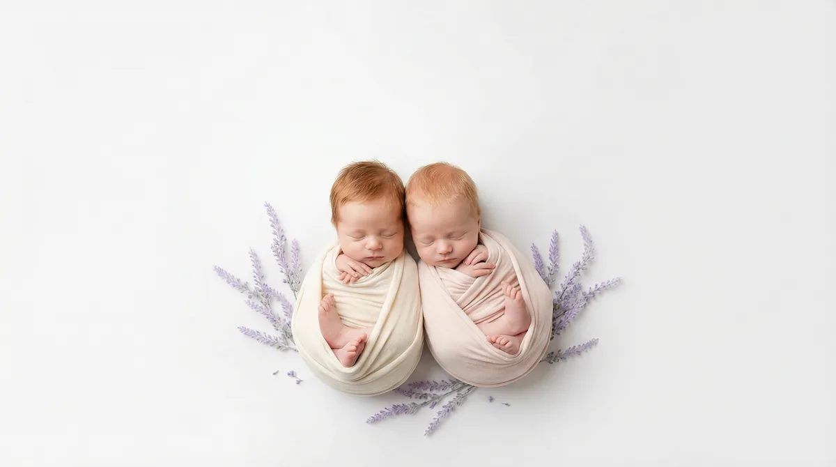 Redhead babies in fashion photoshoot with redhead two babies lavender sprigs