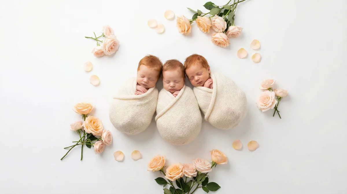 Redhead babies in fashion photoshoot with redhead three babies peach roses