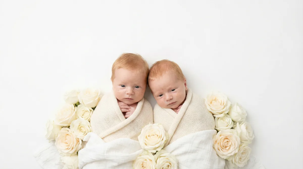 Redhead babies in fashion photoshoot with redhead two babies white roses