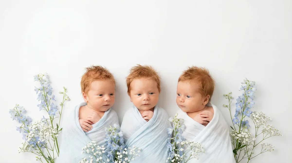 Redhead babies in fashion photoshoot with redhead three babies blue breath