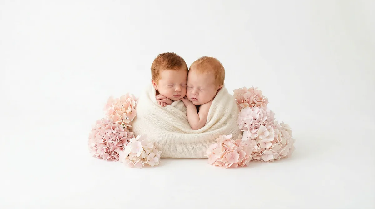 Redhead babies in fashion photoshoot with redhead two babies pink hydrangeas