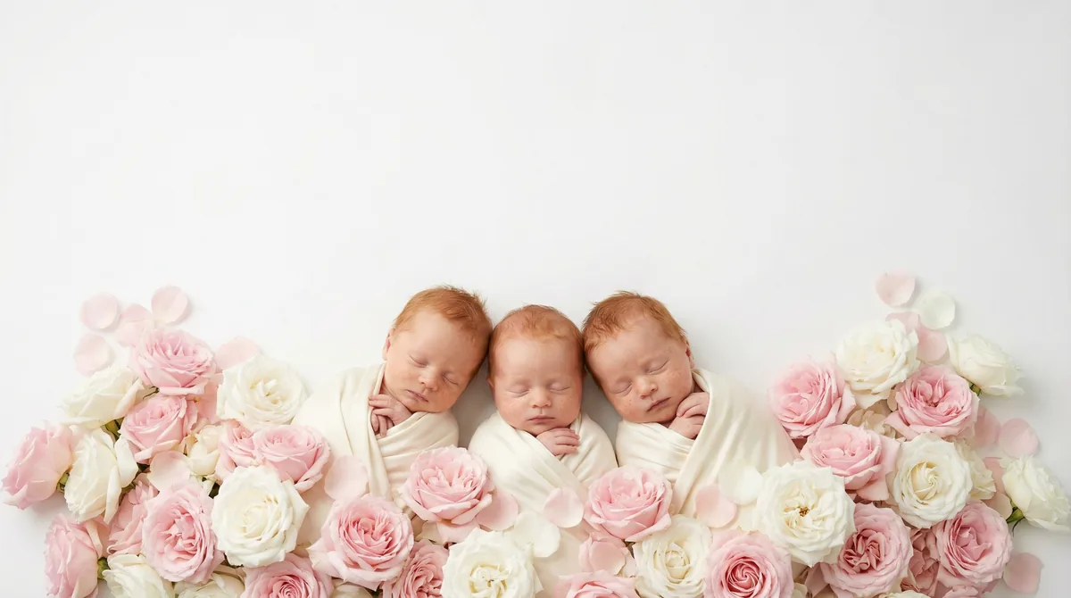 Redhead babies in fashion photoshoot with redhead three babies roses