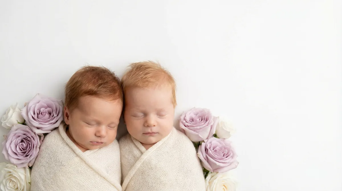 Redhead babies in fashion photoshoot with redhead two babies lavender roses