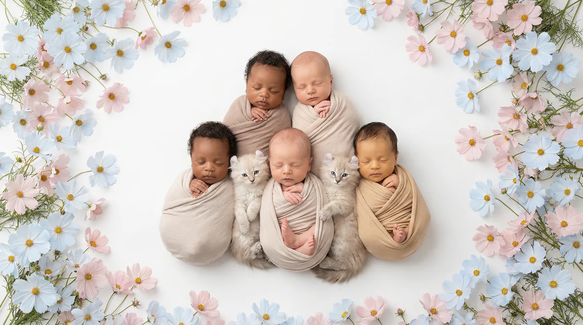 Newborn baby with kitten in fashion photoshoot featuring six newborns four american curl kittens cosmos