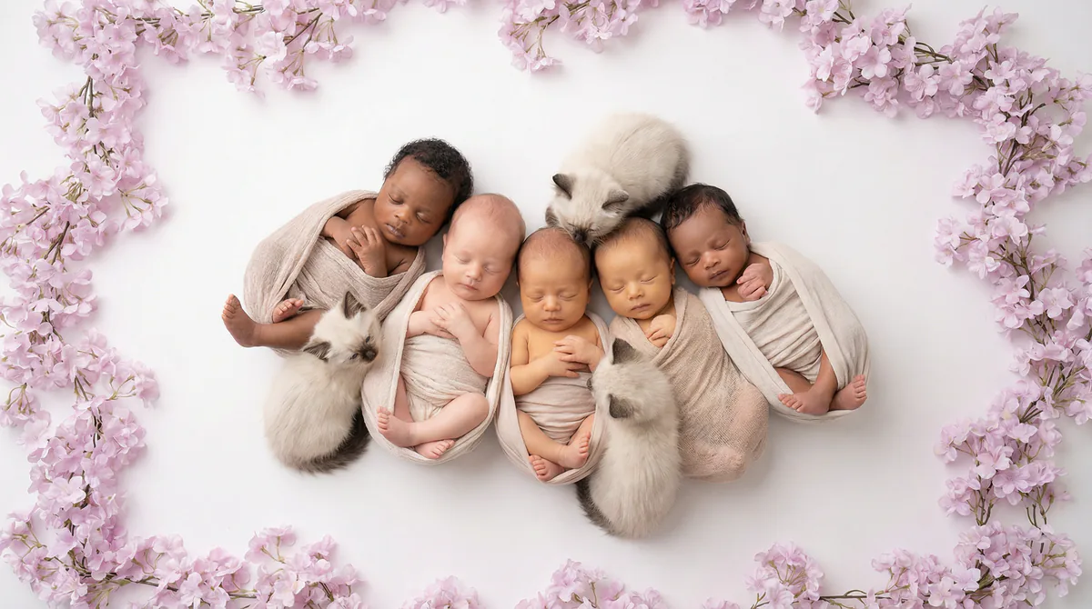Newborn baby with kitten in fashion photoshoot featuring six newborns four balinese kittens jasmine