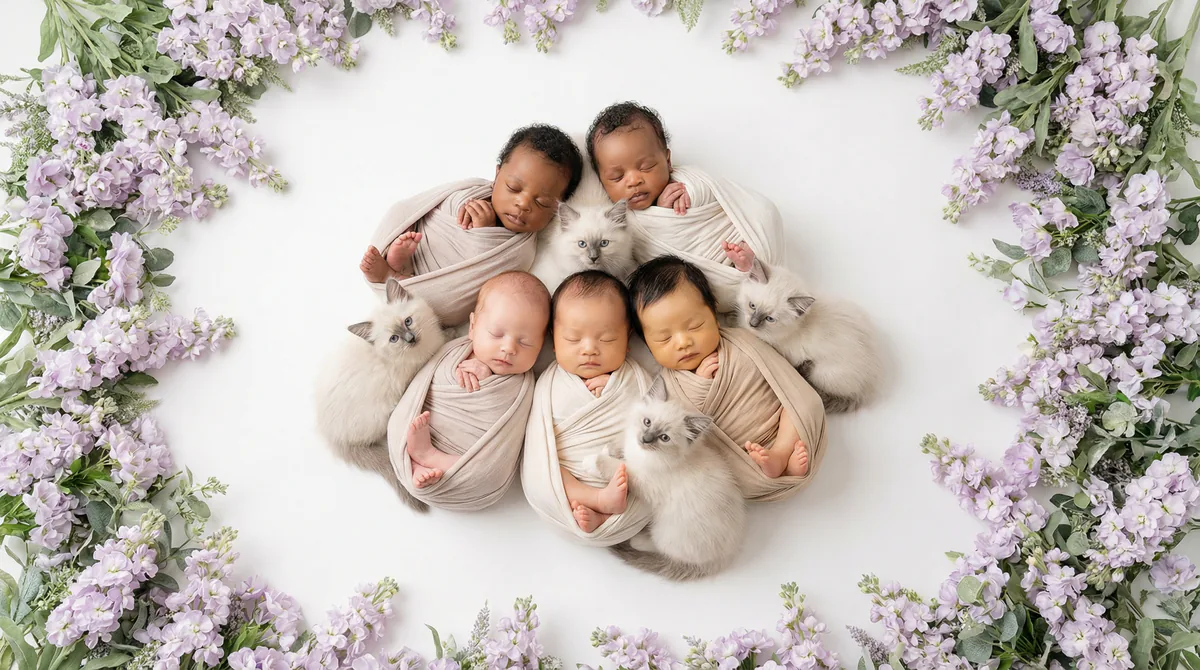 Newborn baby with kitten in fashion photoshoot featuring six newborns four birman kittens lavender