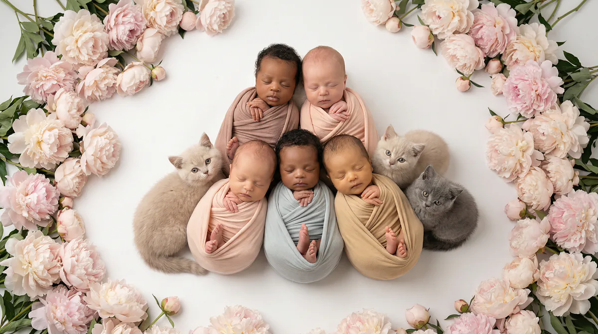 Newborn baby with kitten in fashion photoshoot featuring six newborns four british shorthair kittens peony