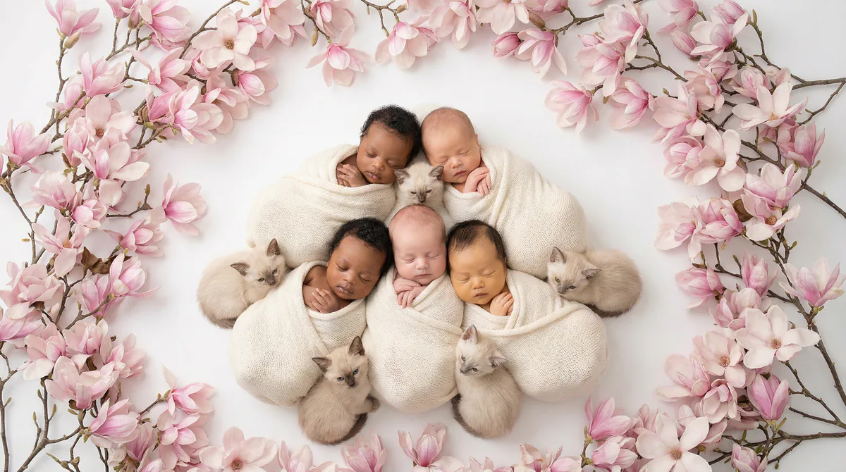Newborn baby with kitten in fashion photoshoot featuring six newborns four burmese kittens magnolia