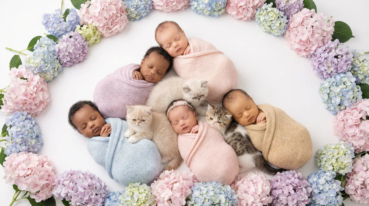 Newborn baby with kitten in fashion photoshoot featuring six newborns four exotic shorthair kittens hydrangea