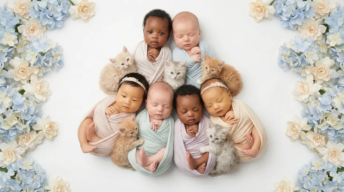 Newborn baby with kitten in fashion photoshoot featuring six newborns four laperm kittens gardenia