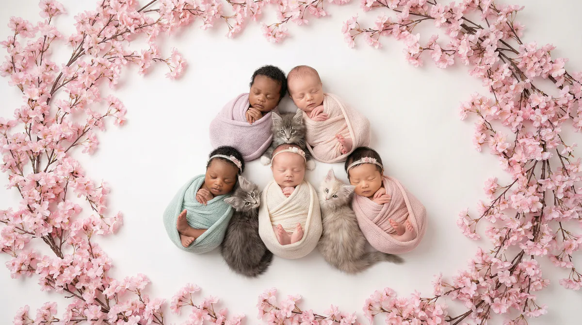 Newborn baby with kitten in fashion photoshoot featuring six newborns four maine coon kittens cherry blossom