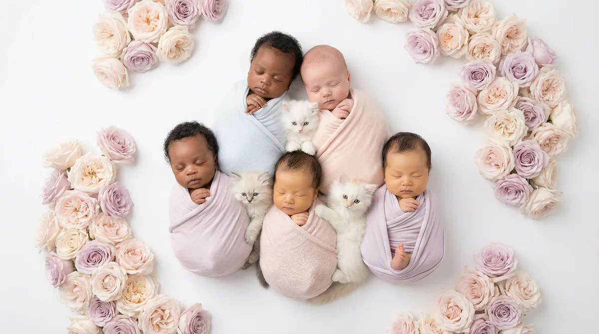 Newborn baby with kitten in fashion photoshoot featuring six newborns four persian kittens garden rose