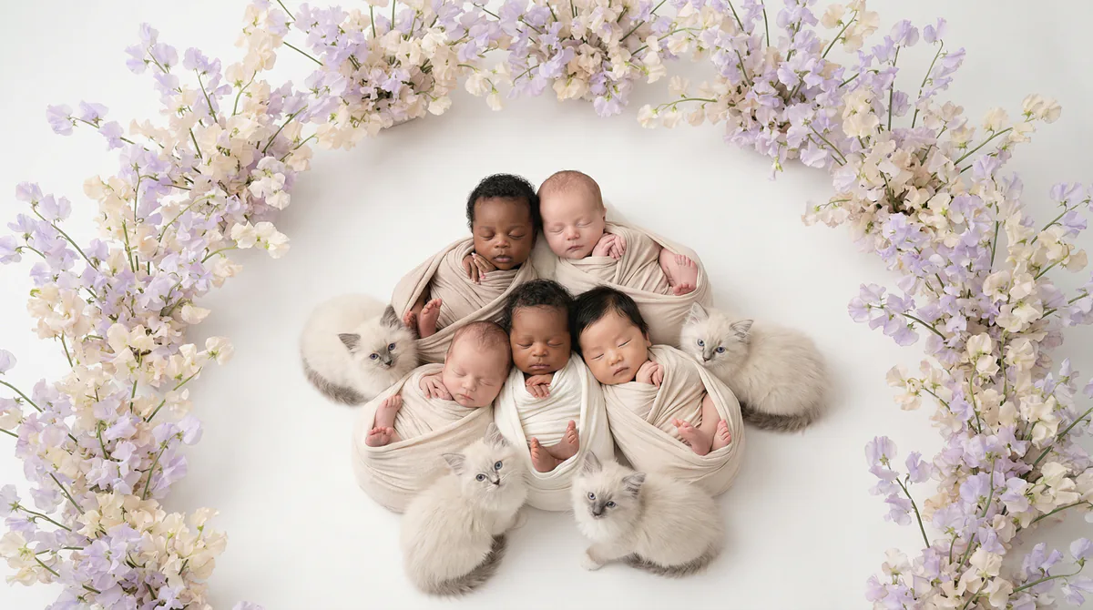 Newborn baby with kitten in fashion photoshoot featuring six newborns four ragdoll kittens sweet pea