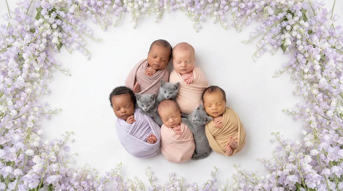 Newborn baby with kitten in fashion photoshoot featuring six newborns four russian blue kittens lily of