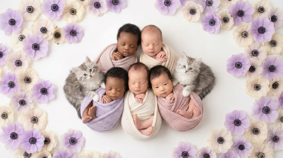 Newborn baby with kitten in fashion photoshoot featuring six newborns four siberian kittens anemone