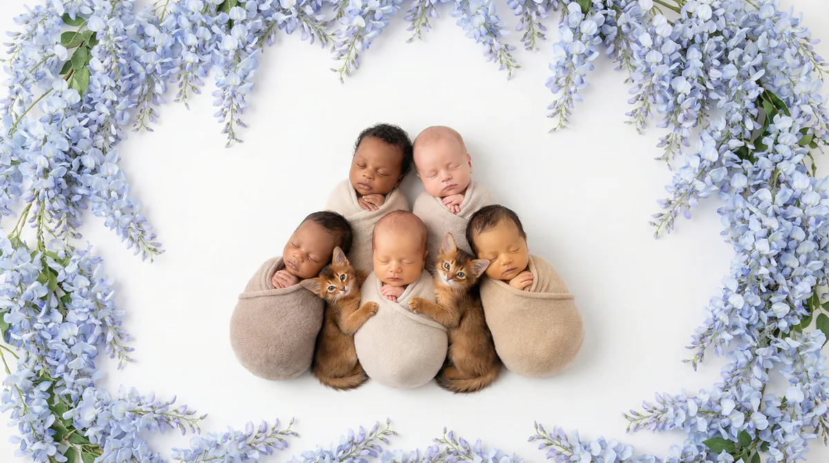 Newborn baby with kitten in fashion photoshoot featuring six newborns four somali kittens wisteria