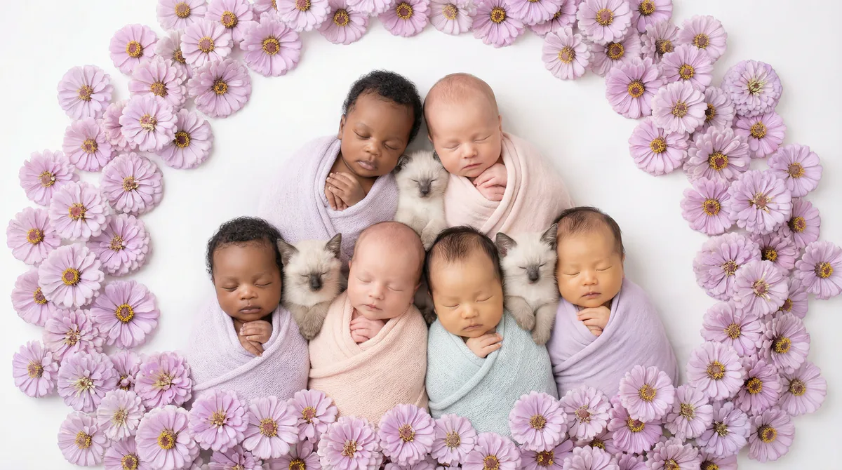 Newborn baby with kitten in fashion photoshoot featuring six newborns four tonkinese kittens zinnia
