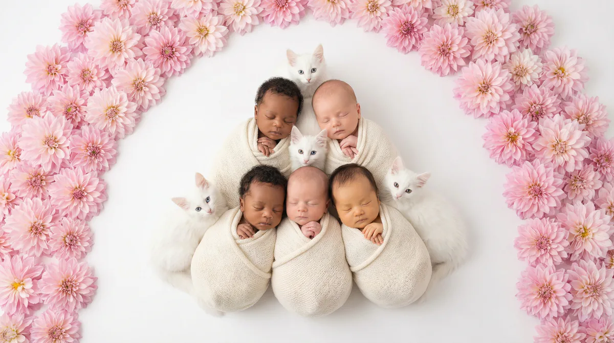 Newborn baby with kitten in fashion photoshoot featuring six newborns four turkish angora kittens dahlia