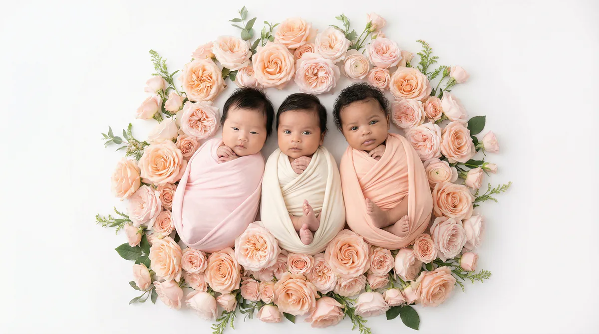 Diverse multicultural newborns in editorial fashion photoshoot with three newborns