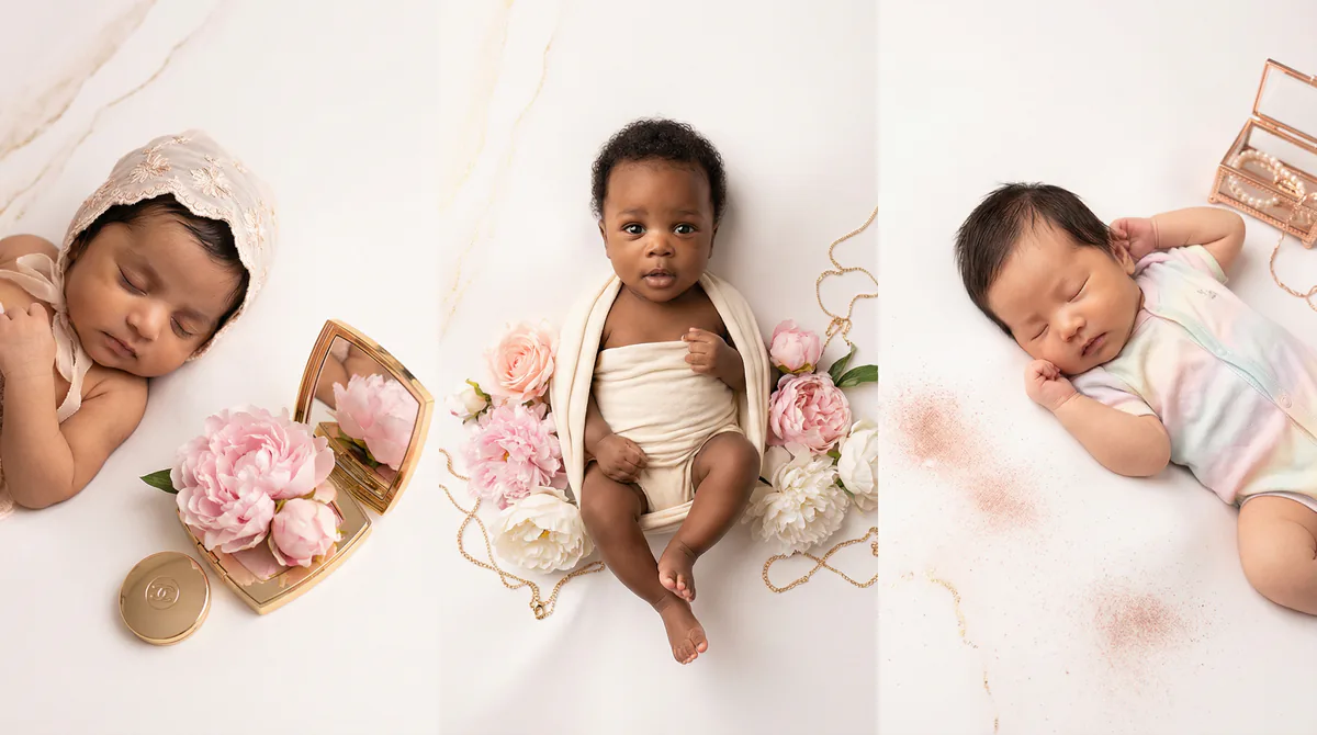 Diverse multicultural newborns in editorial fashion photoshoot with three newborns