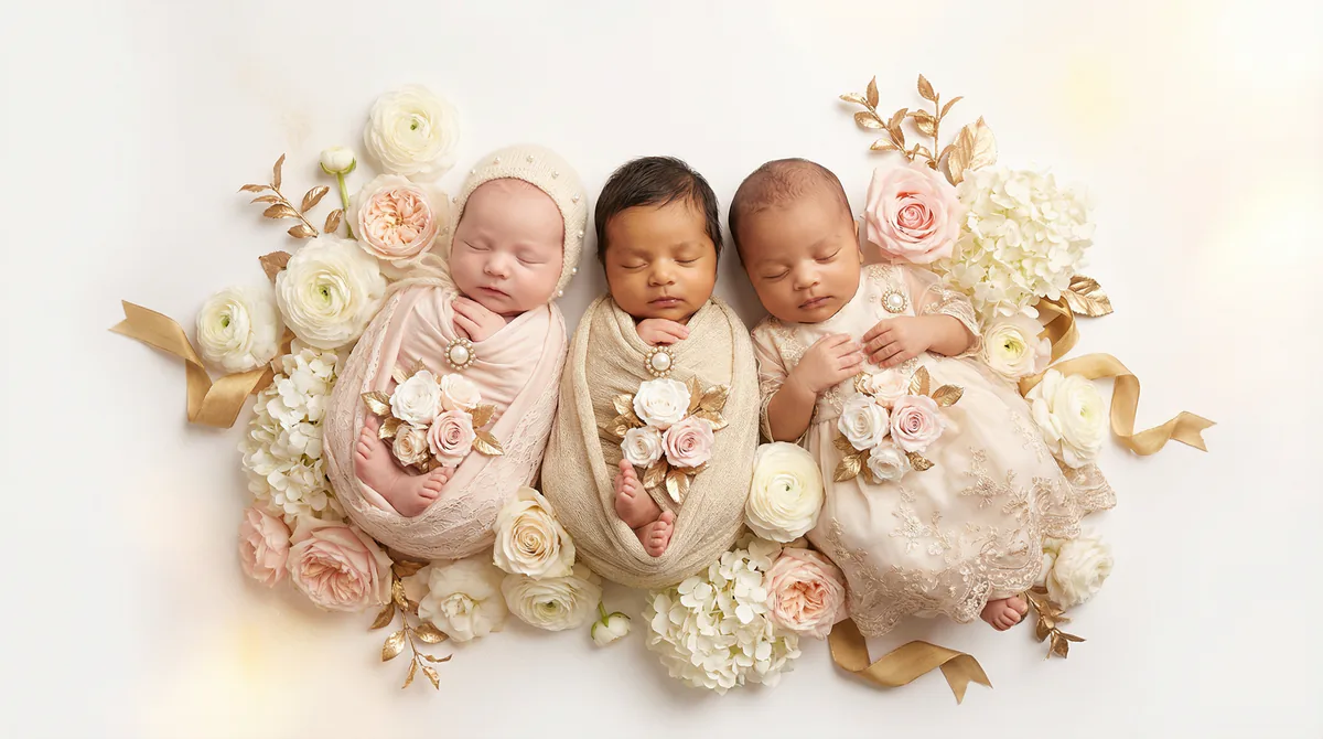 Diverse multicultural newborns in editorial fashion photoshoot with three newborns