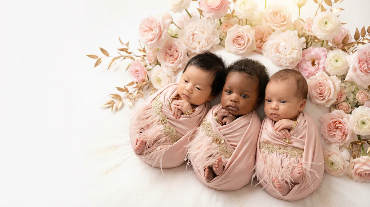 Diverse multicultural newborns in editorial fashion photoshoot with three newborns