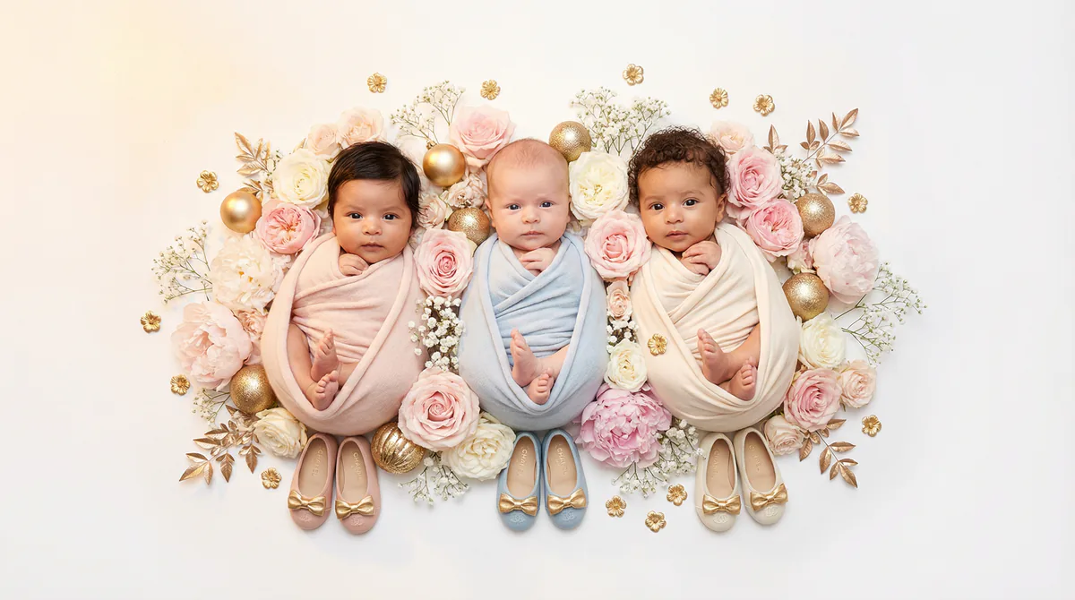 Diverse multicultural newborns in editorial fashion photoshoot with three newborns