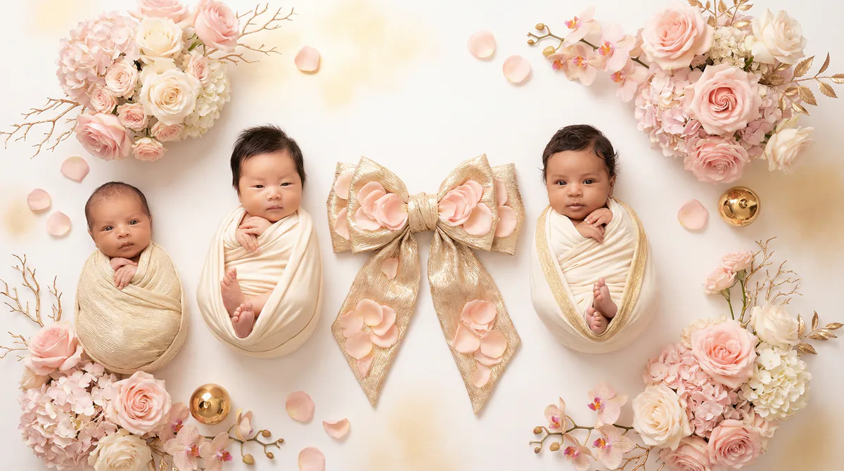 Diverse multicultural newborns in editorial fashion photoshoot with three newborns