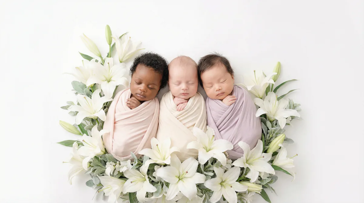 Diverse multicultural newborns in editorial fashion photoshoot with three newborns