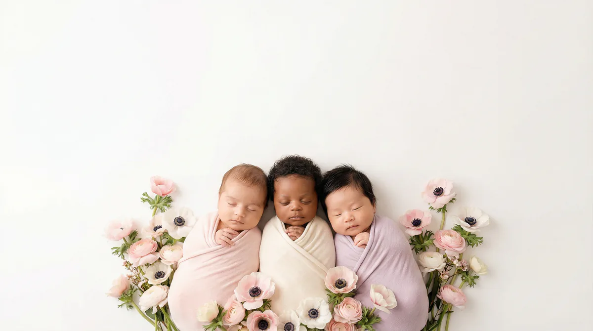 Diverse multicultural newborns in editorial fashion photoshoot with three newborns