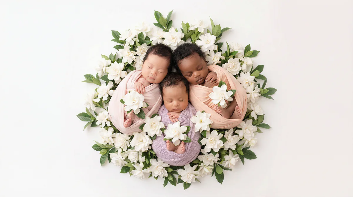 Diverse multicultural newborns in editorial fashion photoshoot with three newborns