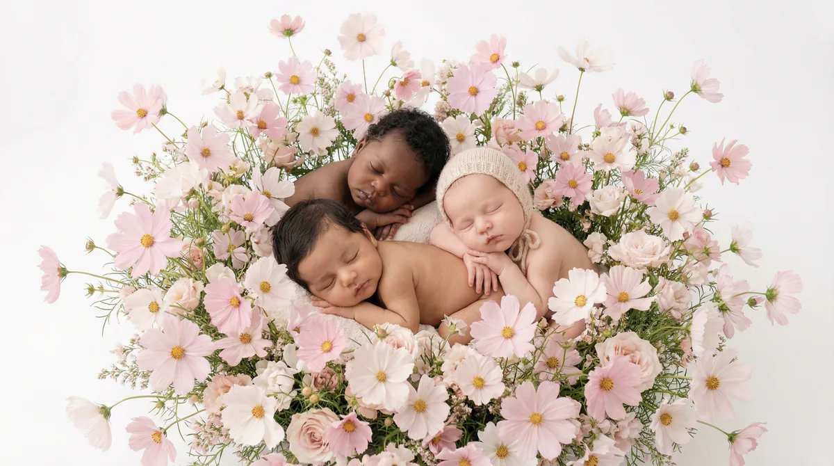 Diverse multicultural newborns in editorial fashion photoshoot with three newborns