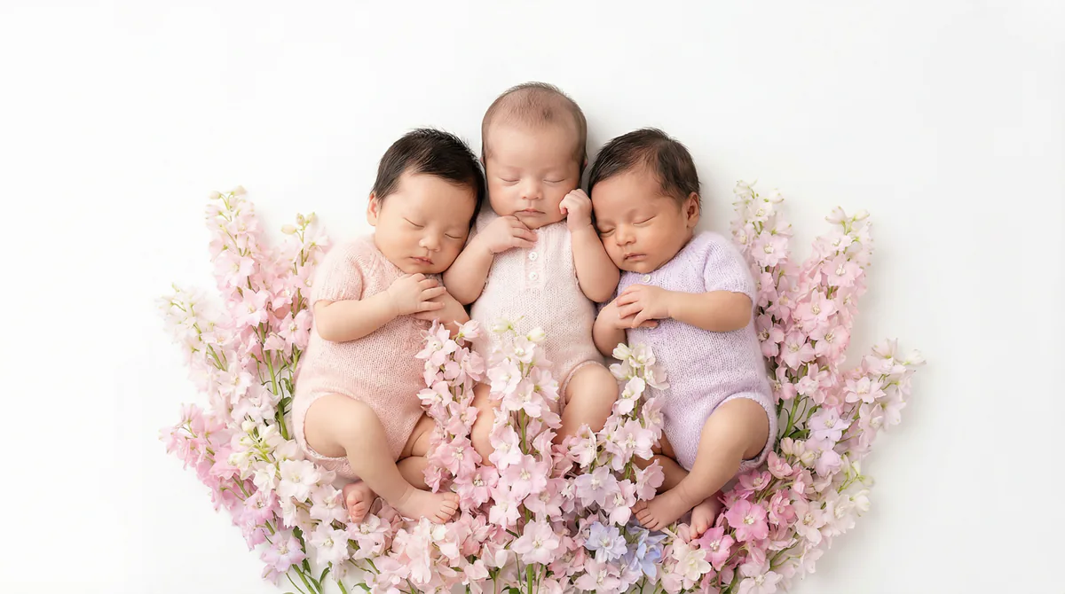 Diverse multicultural newborns in editorial fashion photoshoot with three newborns