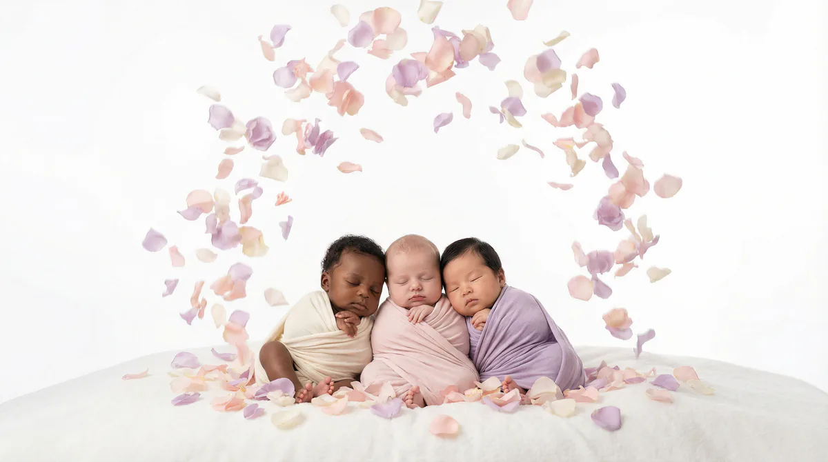 Diverse multicultural newborns in editorial fashion photoshoot with three newborns