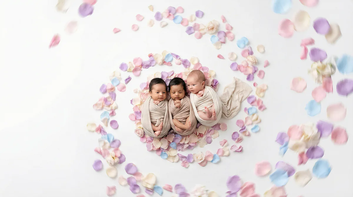 Diverse multicultural newborns in editorial fashion photoshoot with three newborns