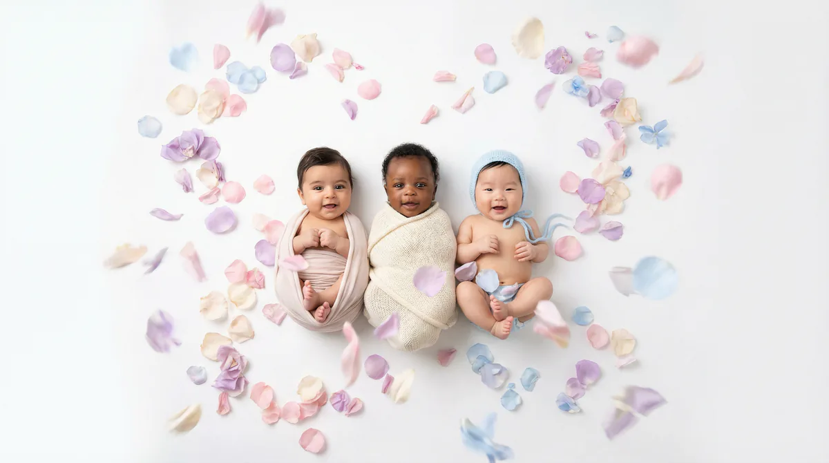 Diverse multicultural newborns in editorial fashion photoshoot with three newborns