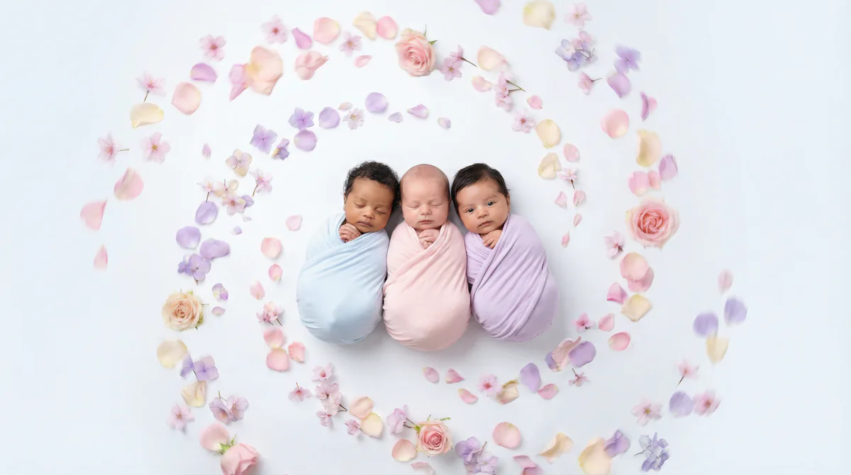 Diverse multicultural newborns in editorial fashion photoshoot with three newborns