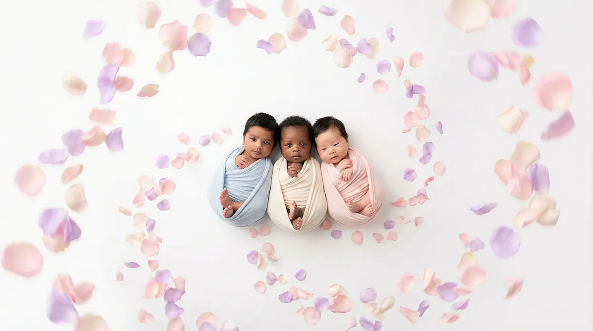 Diverse multicultural newborns in editorial fashion photoshoot with three newborns