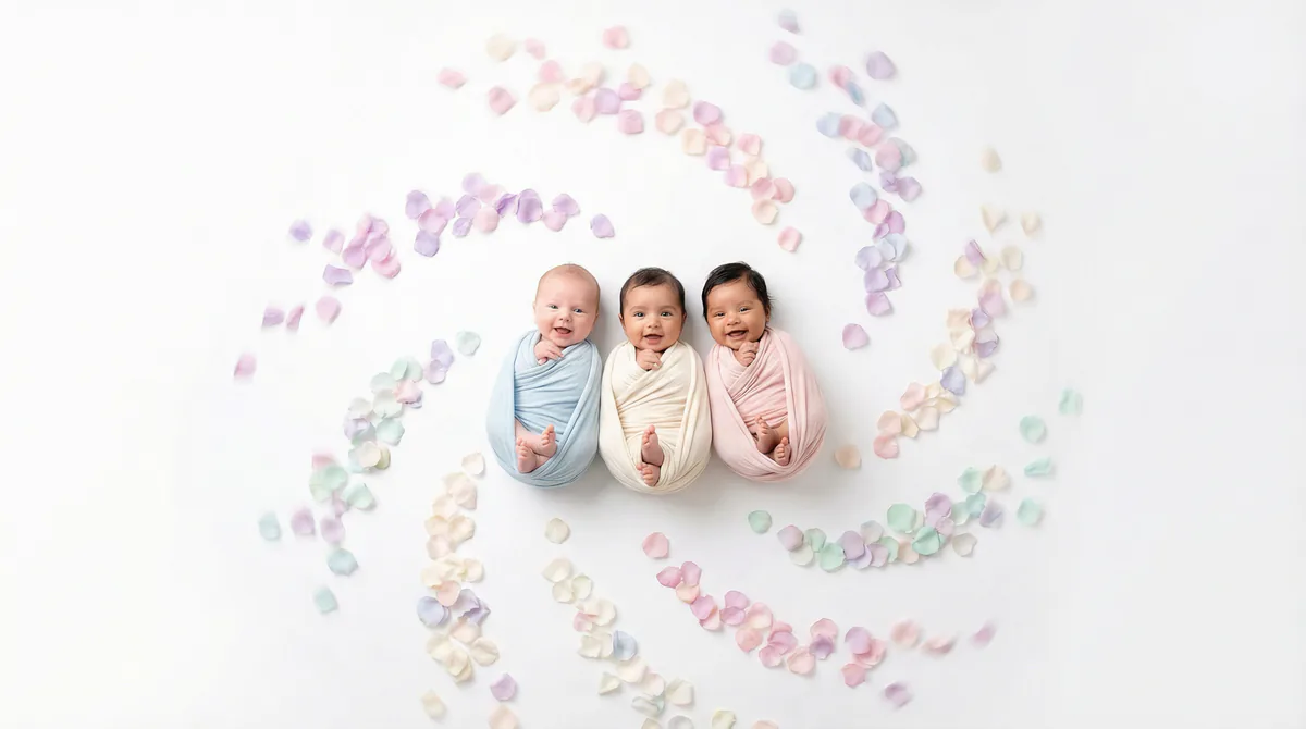Diverse multicultural newborns in editorial fashion photoshoot with three newborns