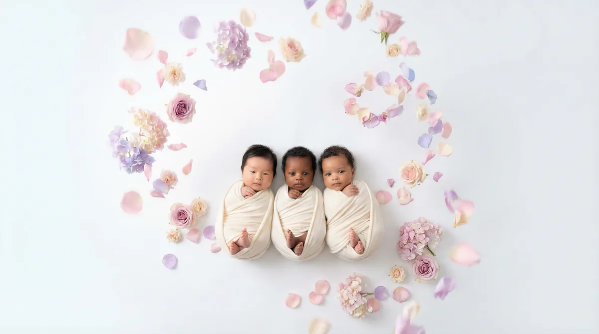 Diverse multicultural newborns in editorial fashion photoshoot with three newborns