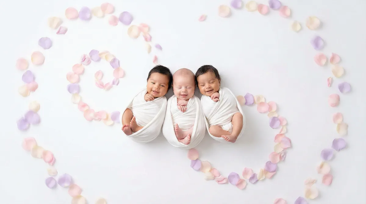 Diverse multicultural newborns in editorial fashion photoshoot with three newborns