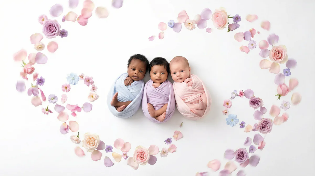 Diverse multicultural newborns in editorial fashion photoshoot with three newborns