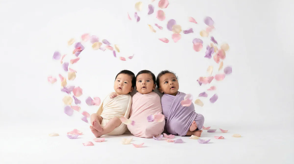 Diverse multicultural newborns in editorial fashion photoshoot with three newborns